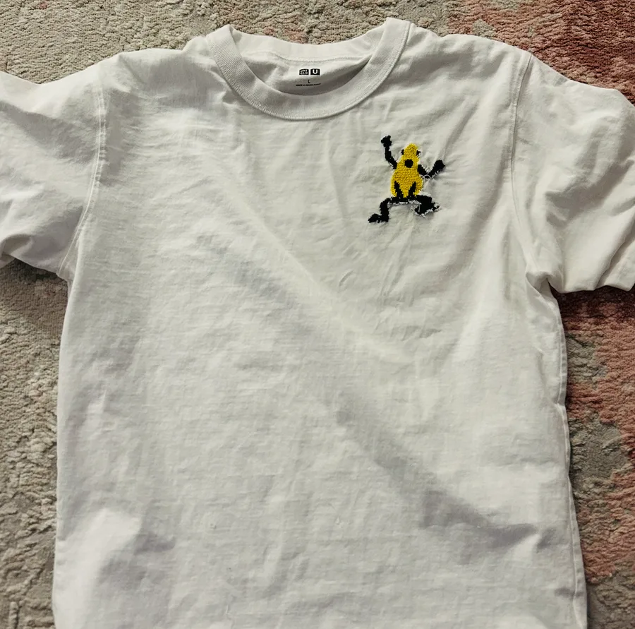hand cross-stitched frog on a white t-shirt
